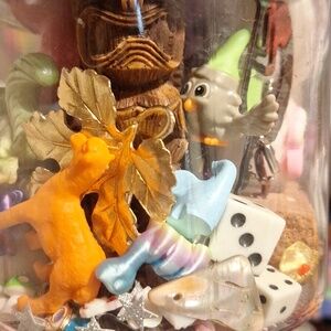 Colorful Eclectic Miniature Jar with Figurines - Orange, Gold, Blue, White
